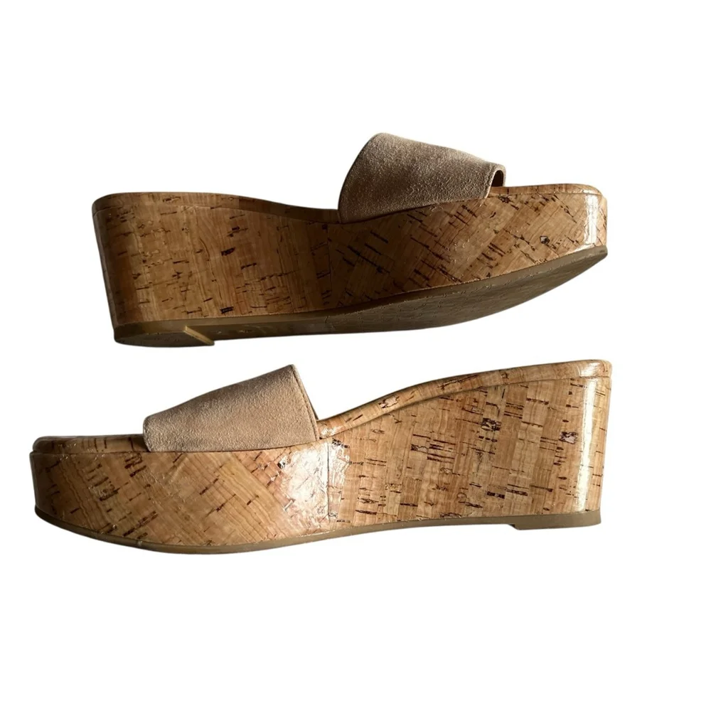 Stuart Weitzman Beige Suede Wedge platform Slides Sandals Shoes 7.5 - Picture 3 of 5